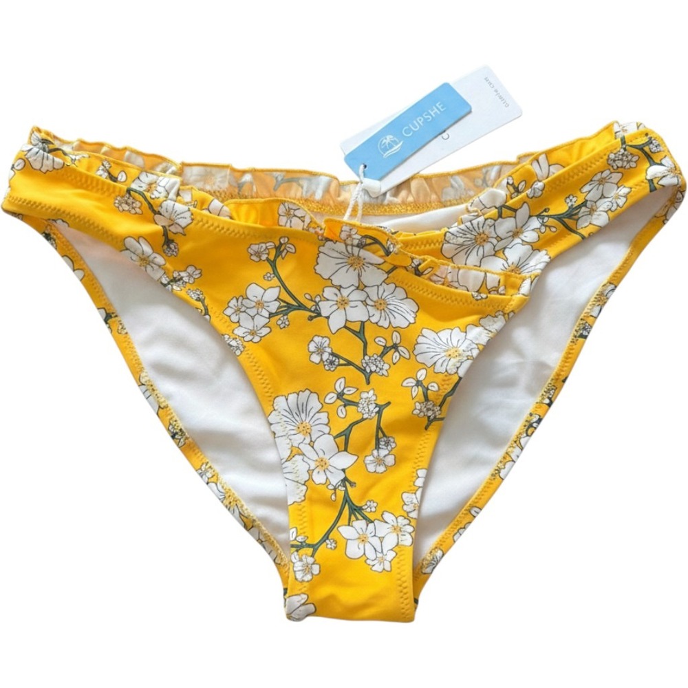 Cupshe Womens Yellow Floral Ruffle Bikini Bottom AB10714M Large NEW